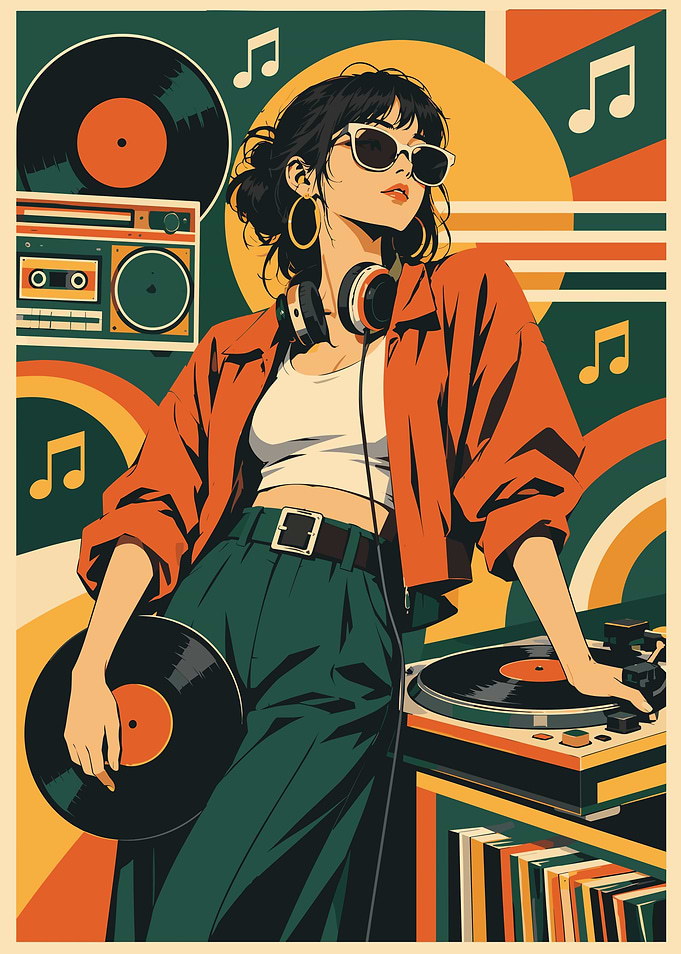 Retro DJ Girl with Vinyl Records