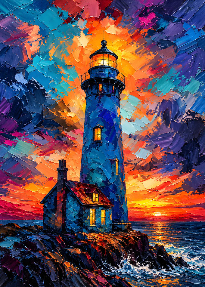 Vibrant Impasto Lighthouse at Sunset