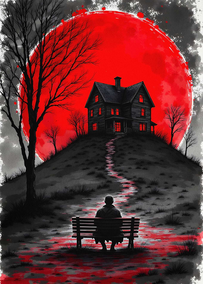 Haunted House Red Moon Gothic Art