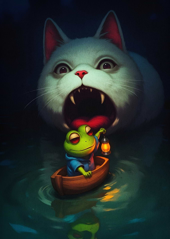 Giant Cat Frog Boat Dark Art Poster