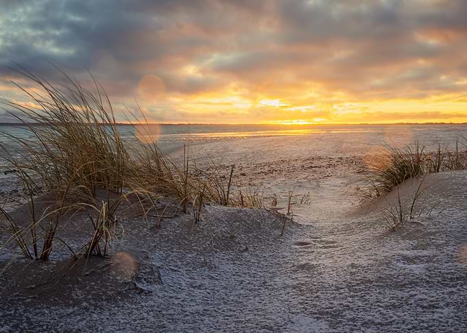 Snowy Beach at Golden Sunset