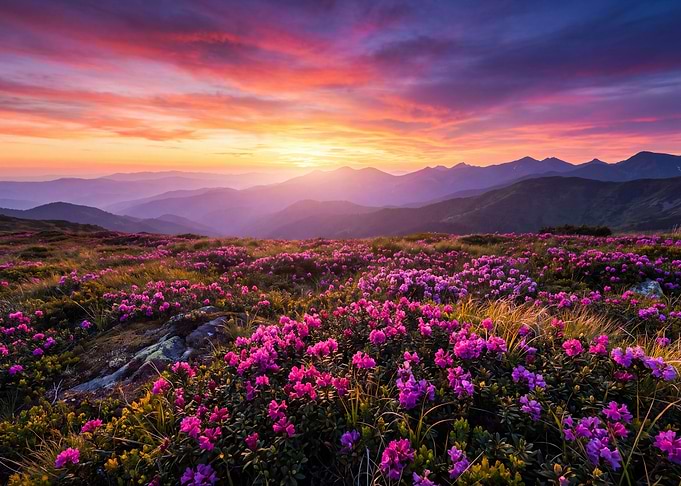 Vibrant Mountain Sunset with Rhododendrons
