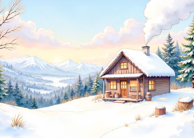 Cozy Winter Cabin in Snowy Mountains