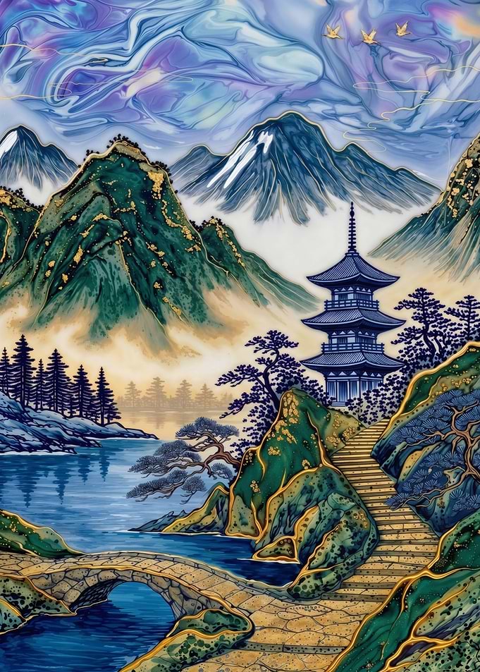 Golden Peaks – Temple in the Mist – Abstract Fantasy #18