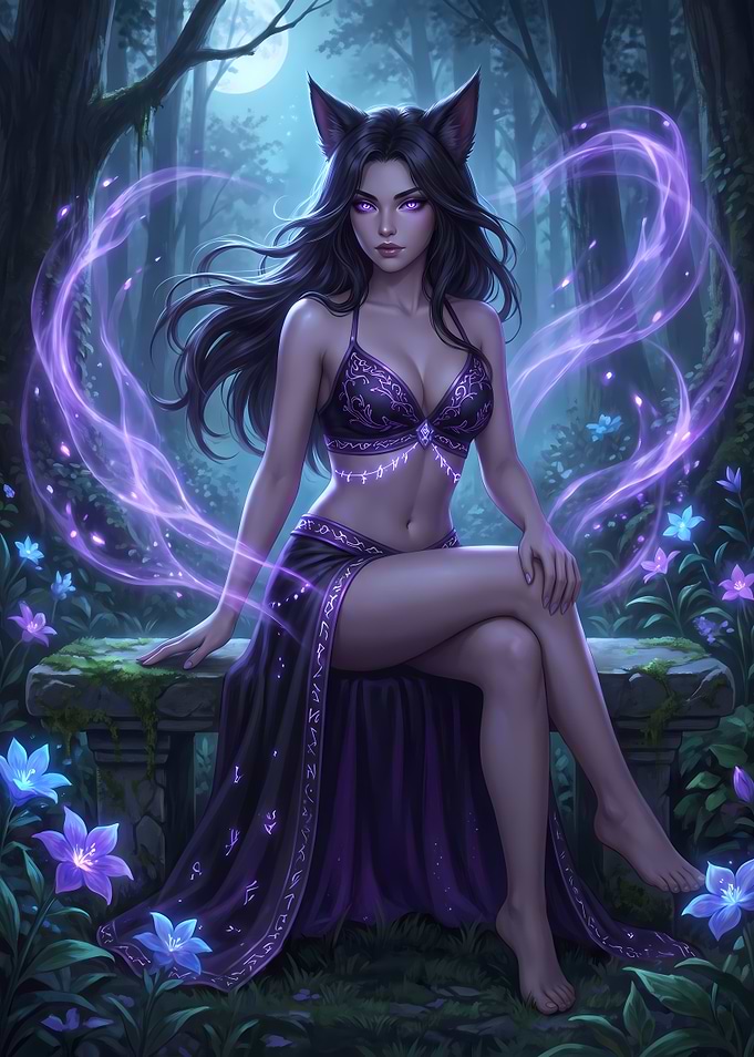 Mystical Cat-Eared Sorceress in Forest