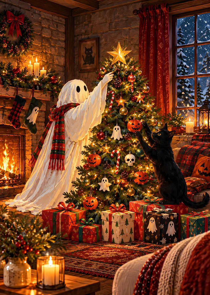 Ghost and Black Cat Decorating Tree