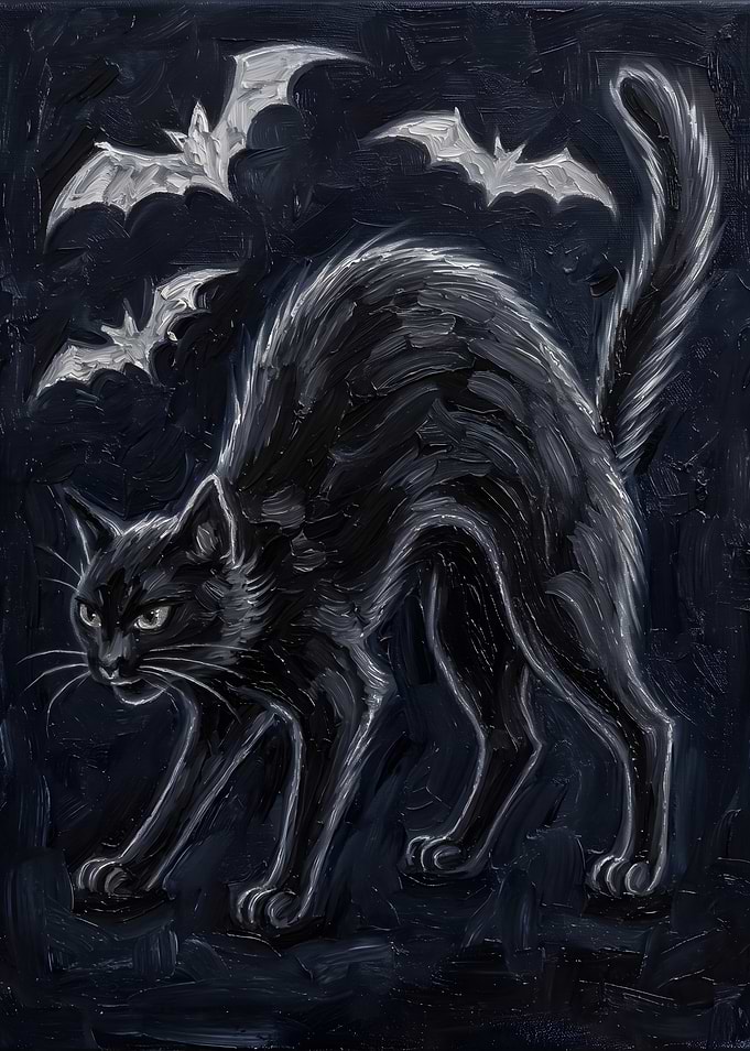 Spooky Black Cat and Bats Painting