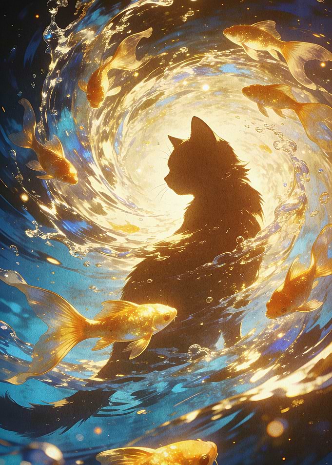 Cat Silhouette in Golden Fish Vortex