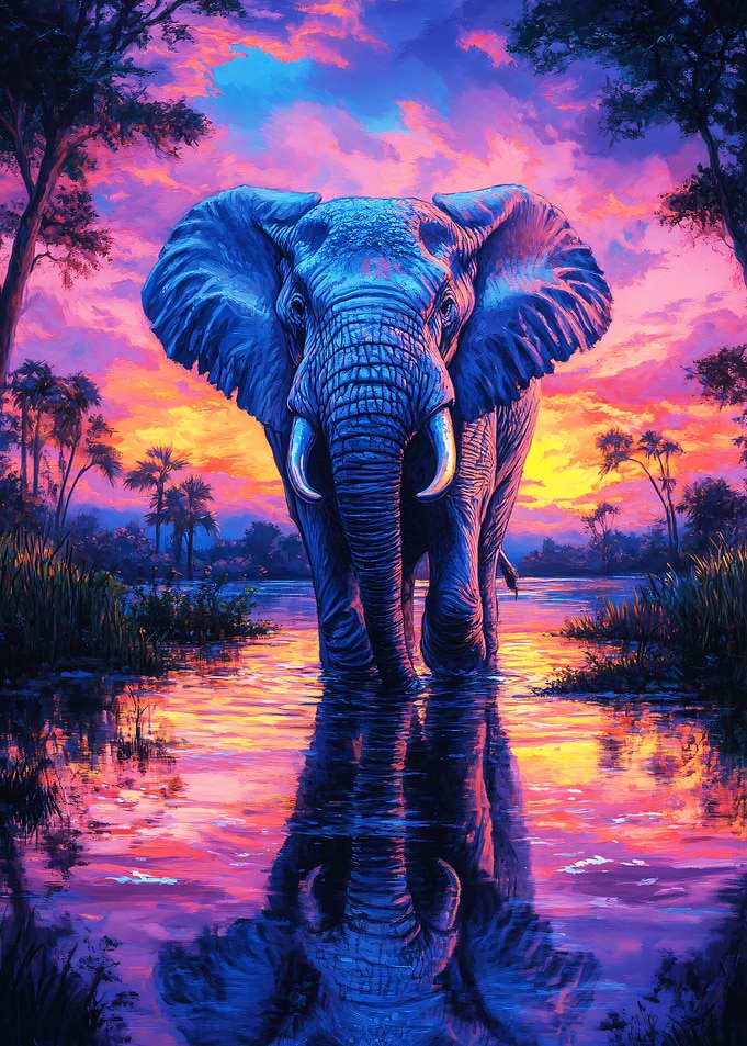 Majestic Elephant at Sunset Reflection