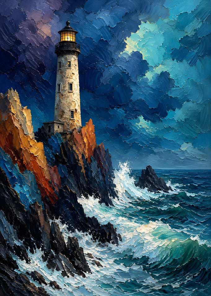 Impressionist Lighthouse on Stormy Coast