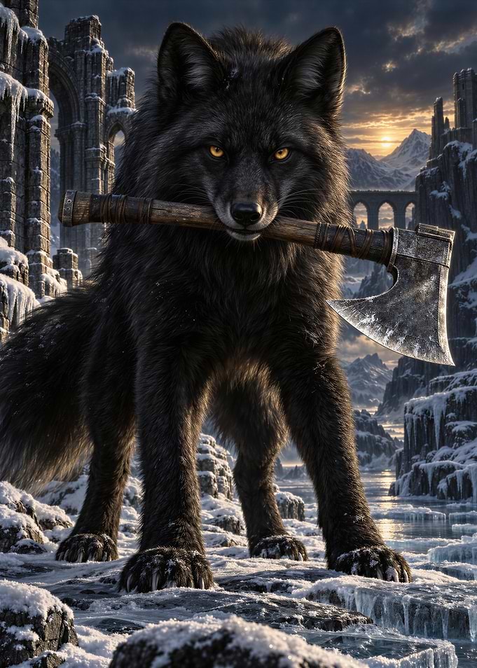 Black Wolf Holding Viking Axe