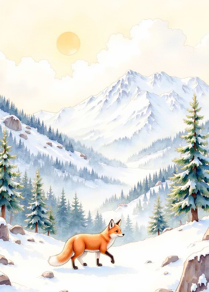 Red Fox in Snowy Mountain Landscape