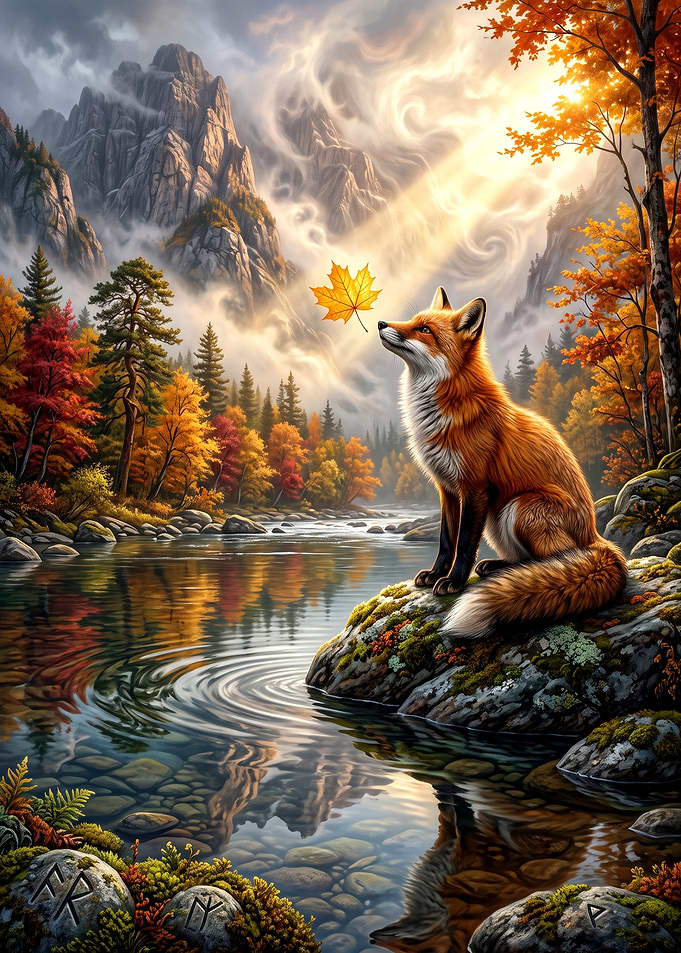 Fox Watching Falling Autumn Leaf