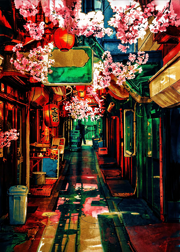 Vibrant Alleyway with Cherry Blossoms