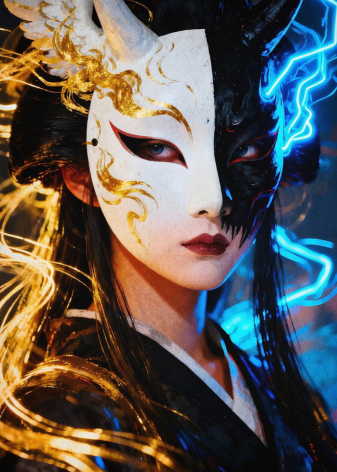 Kitsune Mask Cyberpunk Geisha Art