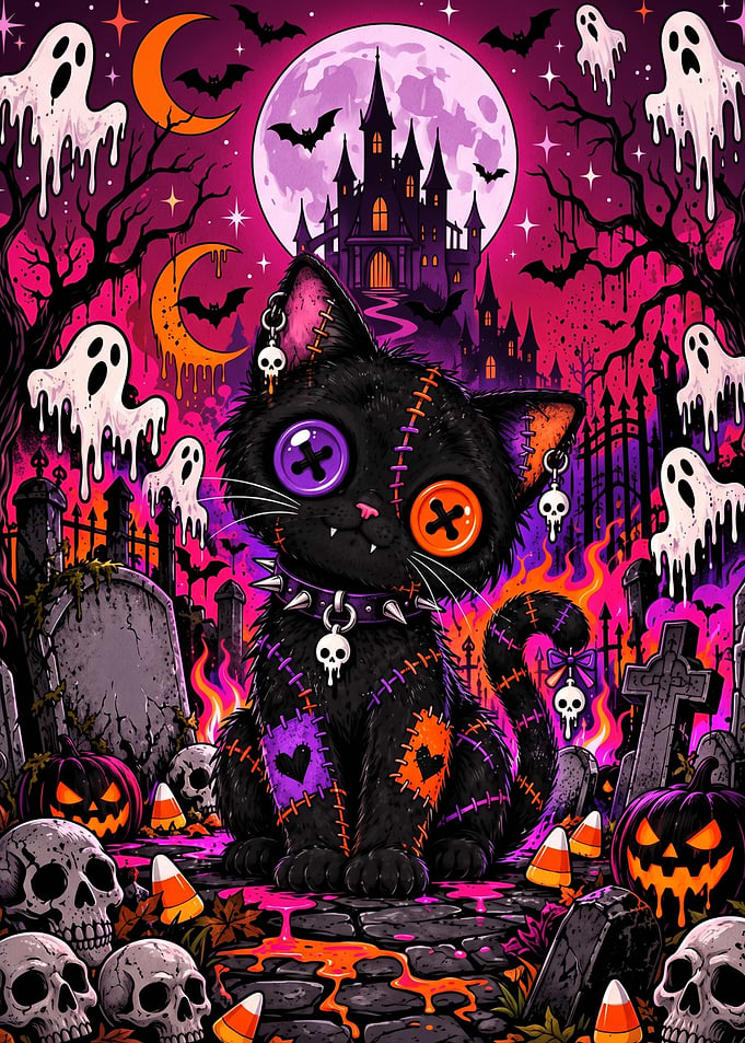 Spooky Halloween Voodoo Cat Illustration