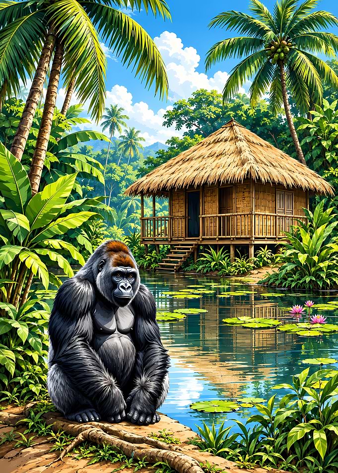 Gorilla Sitting by Tropical Hut