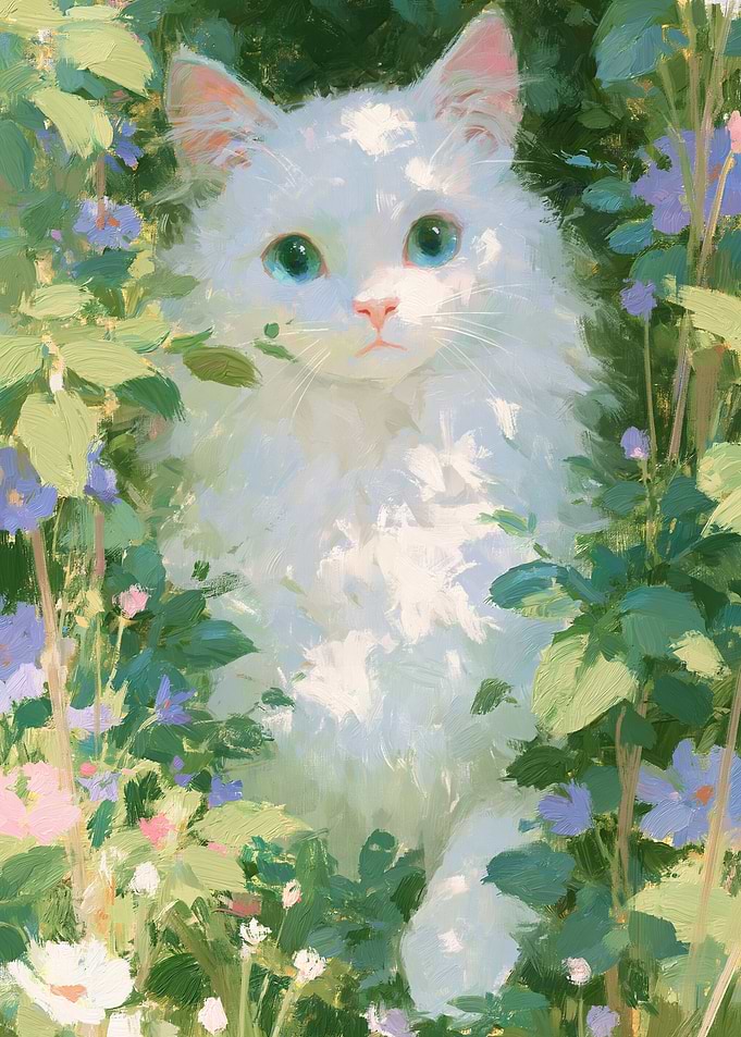 Fluffy White Cat in Garden
