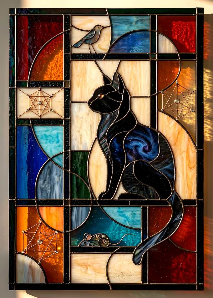 Stained Glass Cosmic Cat Art