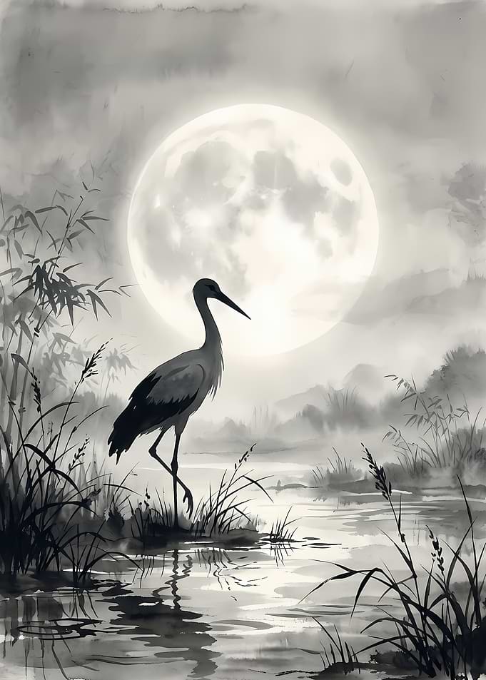 Crane Standing Under Full Moon