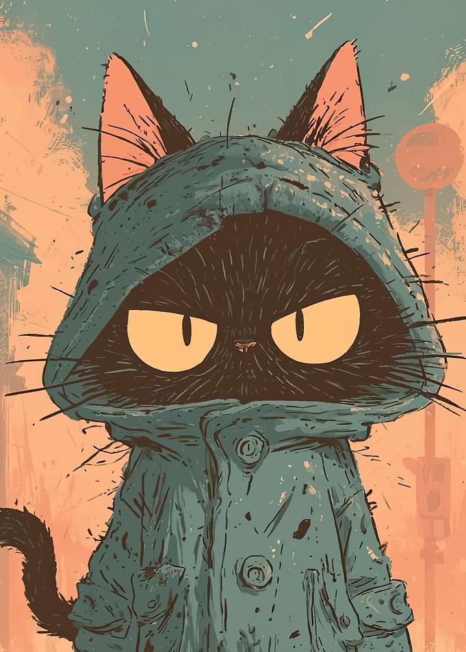 Grumpy Black Cat in Raincoat