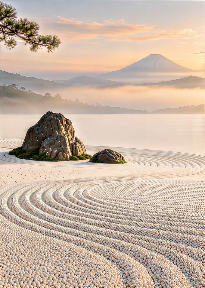 Zen Garden at Mount Fuji – Japanese Karesansui Sunrise