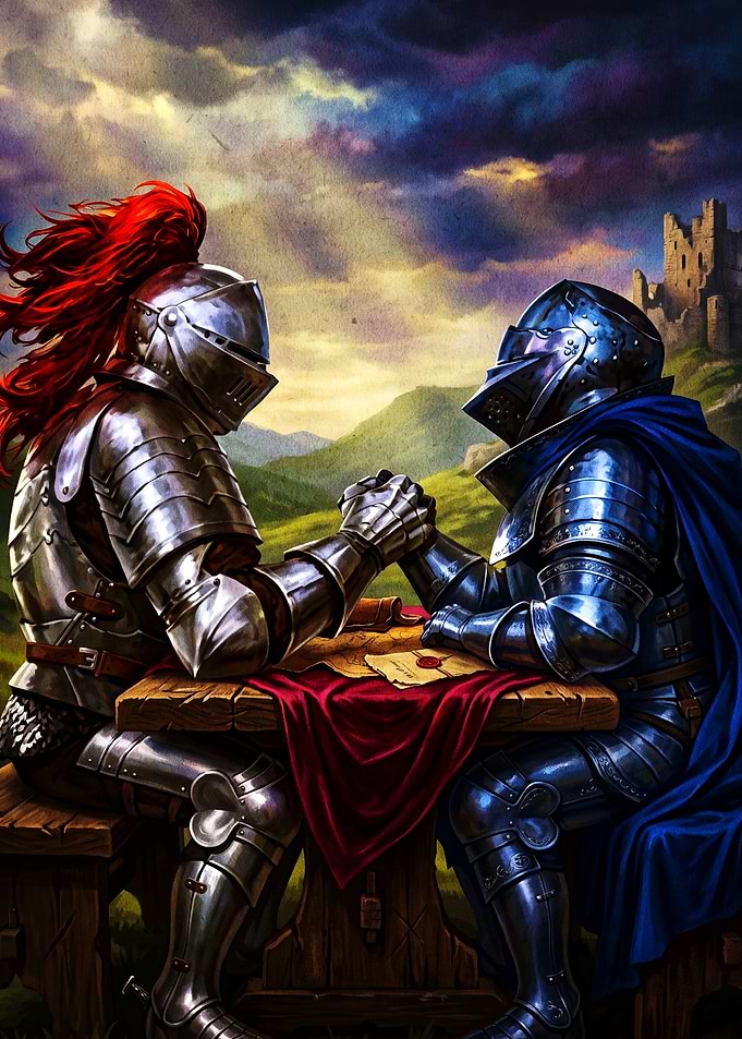 Knights Arm Wrestling at Table