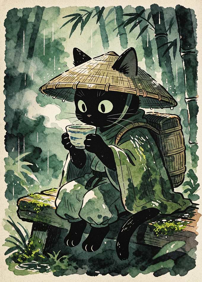 Samurai Cat Drinking Tea Watercolor