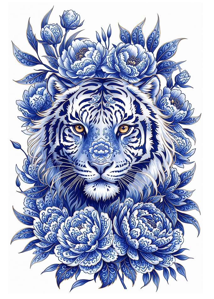 Blue and White Porcelain Tiger Portrait