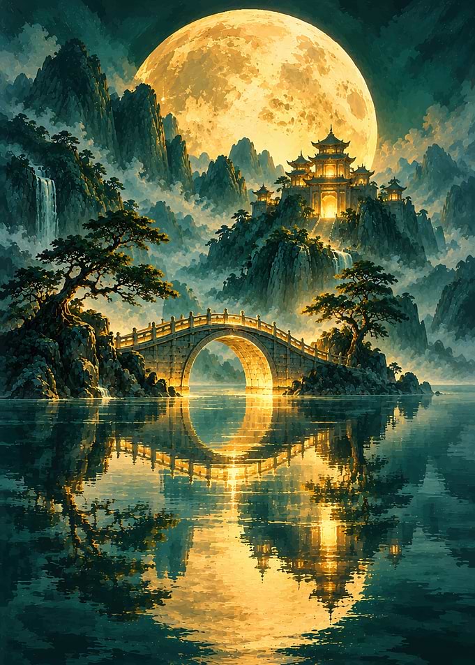 Golden Moon Over Ancient Asian Temple