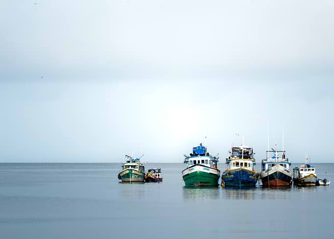 Five boats anchored in haze