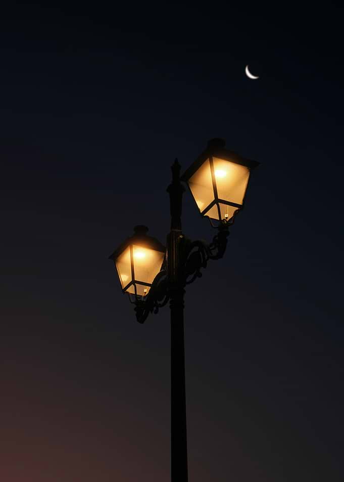 Street Lamp Under Crescent Moon