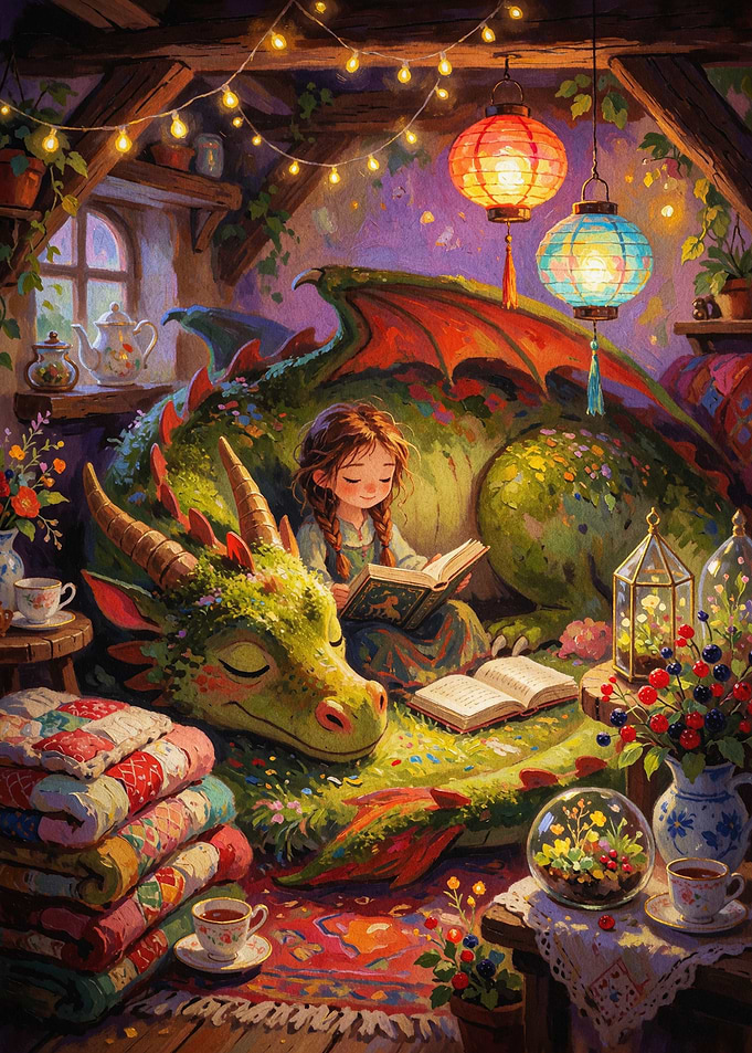 Girl Reading Dragon Fantasy Art
