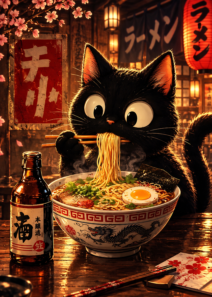 Cute Black Cat Eating Ramen