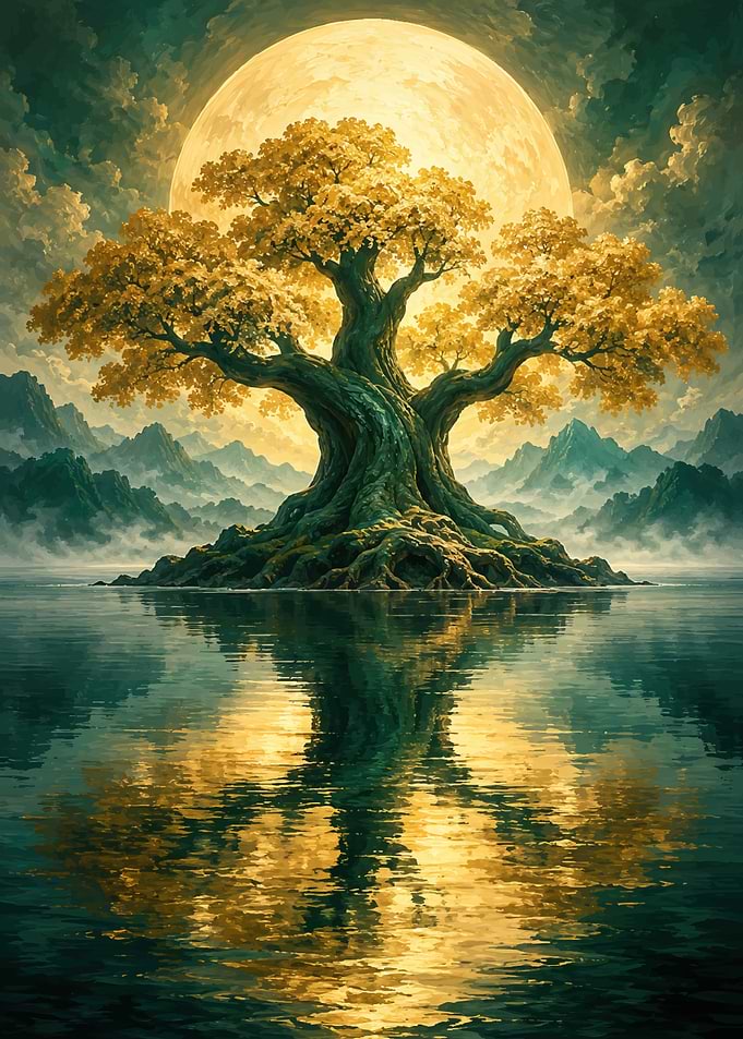 Golden Tree Under Full Moon