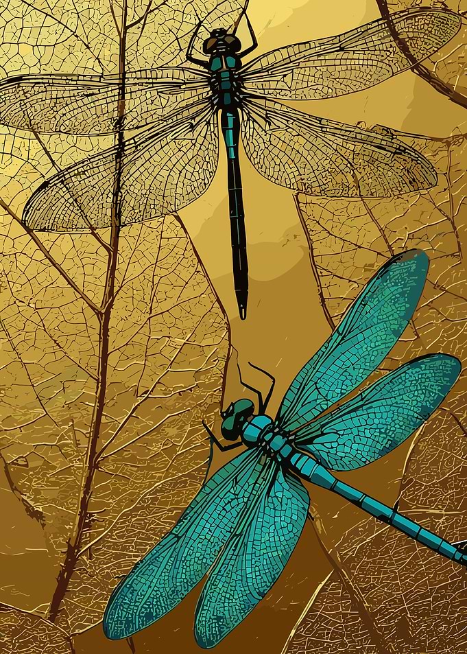 Two Vibrant Dragonflies on Skeleton Leaves