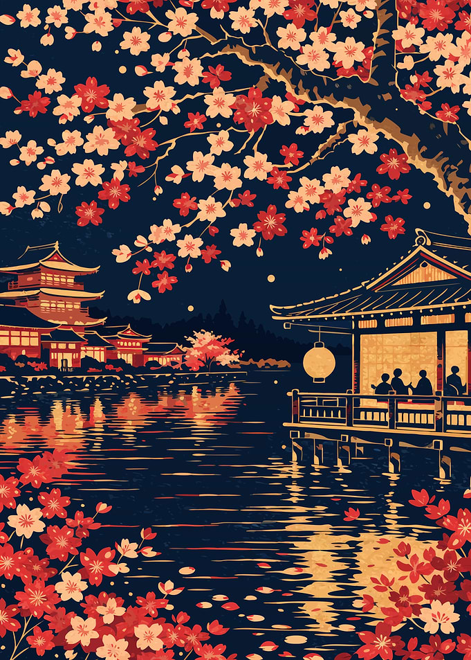 Nighttime Cherry Blossom Temple Reflection