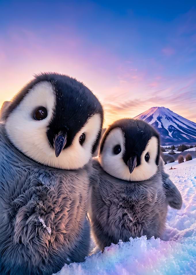 Two Cute Baby Penguins in Snow