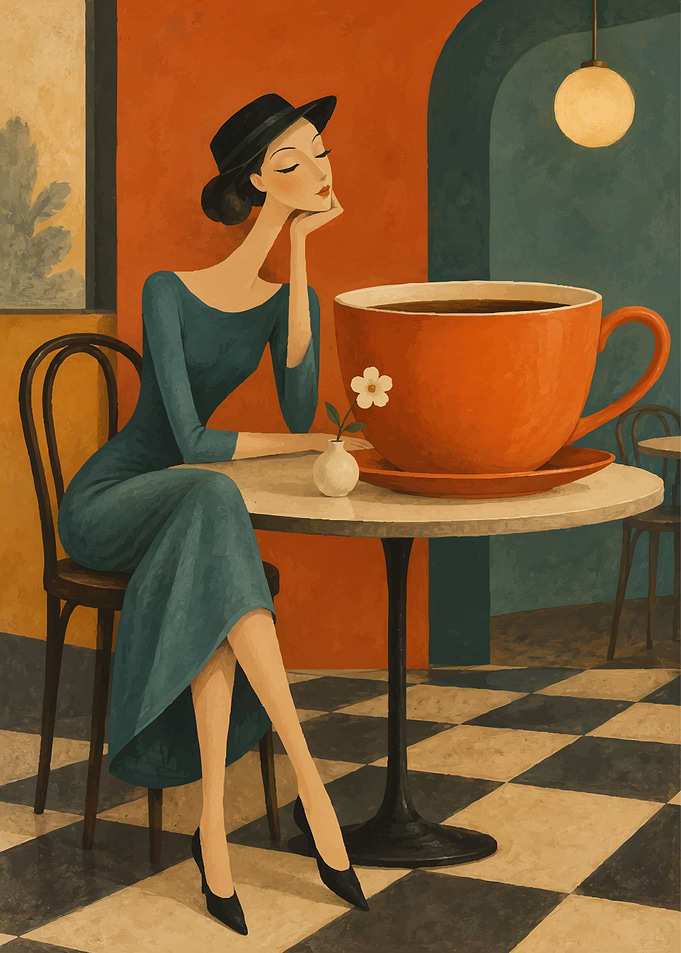 Elegant Woman with Giant Coffee Cup