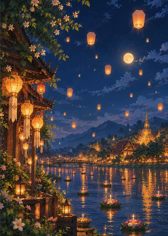 Floating Lanterns Over Thai River