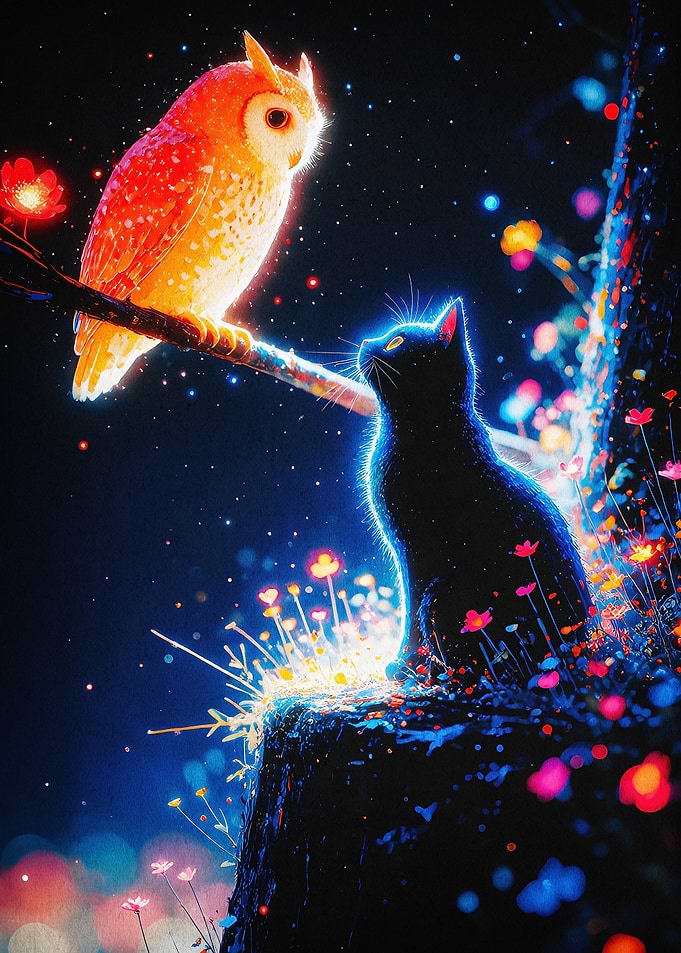 Owl and Cat Glowing Night Art