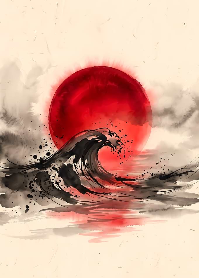 Abstract Ink Wash Red Sun Wave