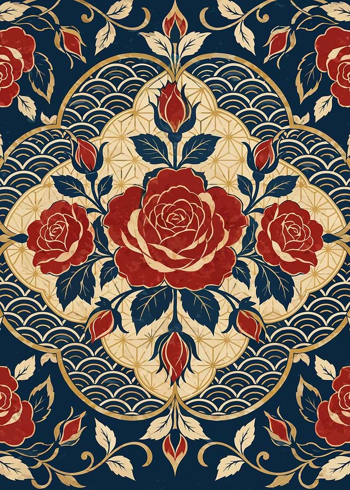 Japanese Kimono Pattern with Roses Art Print