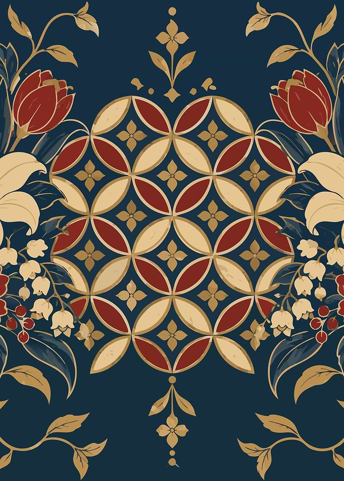 Japanese Art Poster: Shippo Pattern with Lilies, Limited Colors
