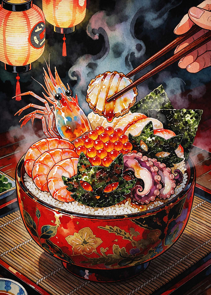 Japanese Seafood Ramen Watercolor