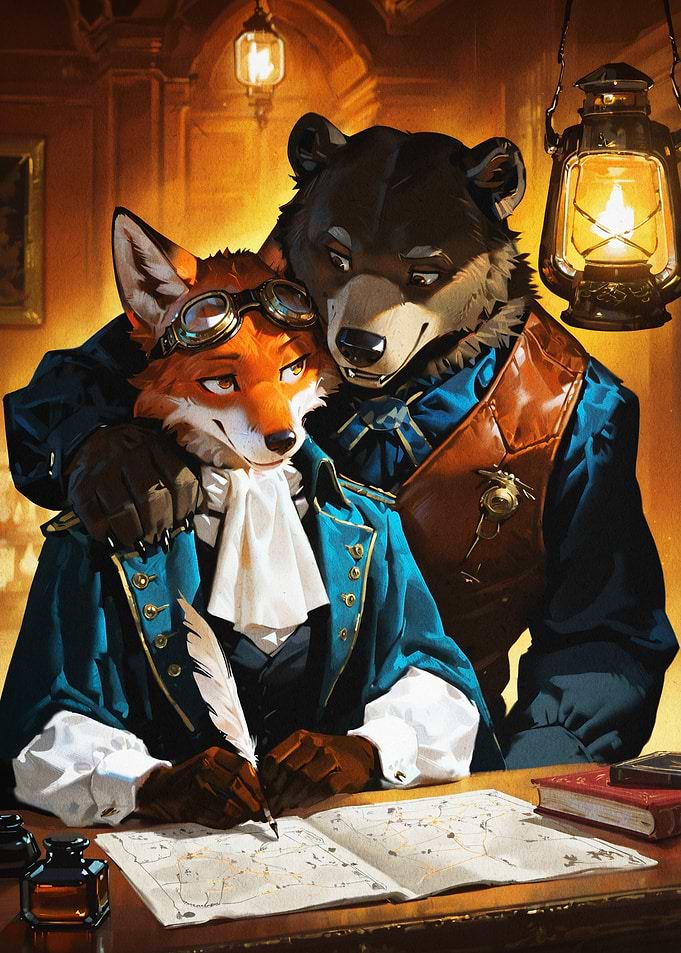 Steampunk Fox And Bear Vintage Art