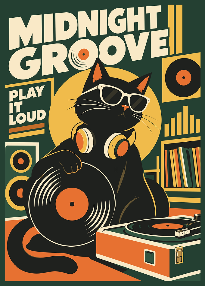 Midnight Groove Retro Cat Poster