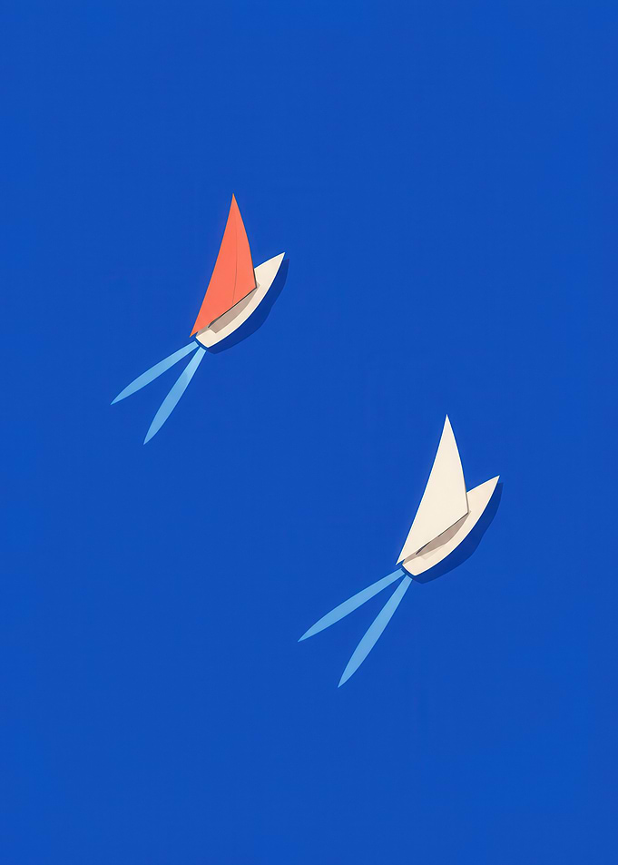 Minimalist Paper Sailboats on Blue