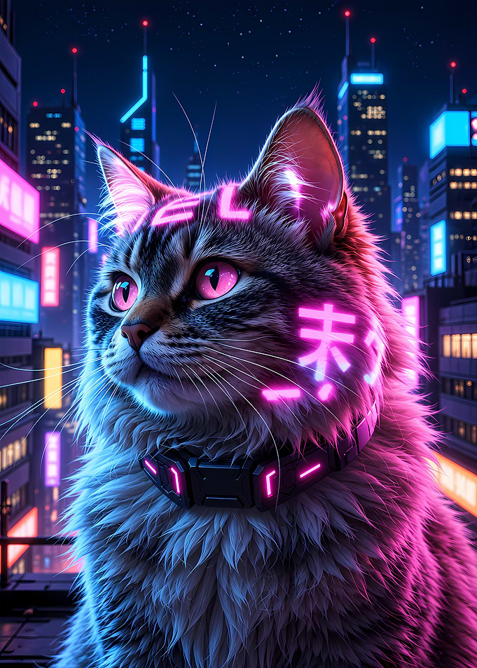 Cyberpunk Neon Cat in Cityscape