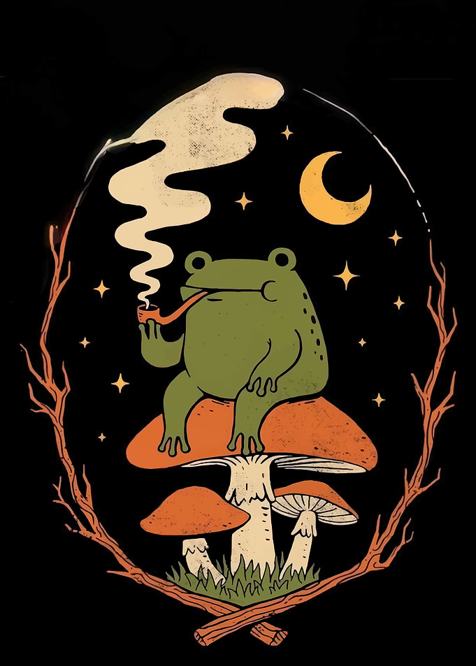 Frog Smoking Pipe on Mushroom
